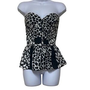 Parker Black White Animal Print Strapless Smocked Top Peplum Small Back Zip NWOT